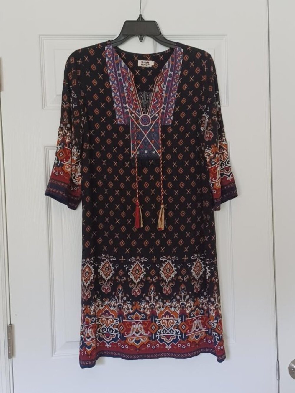EUC Holly Bracken Black Embroidered Boho Dress with Tassels Size Medium